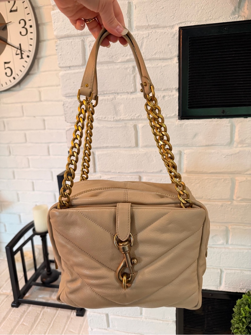Rebecca Minkoff Taupe Leather Shoulder Bag with Gold Chain